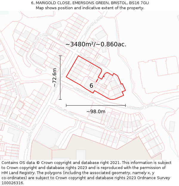 6, MARIGOLD CLOSE, EMERSONS GREEN, BRISTOL, BS16 7GU: Plot and title map