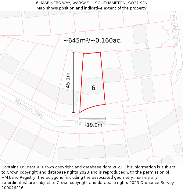 6, MARINERS WAY, WARSASH, SOUTHAMPTON, SO31 9FN: Plot and title map