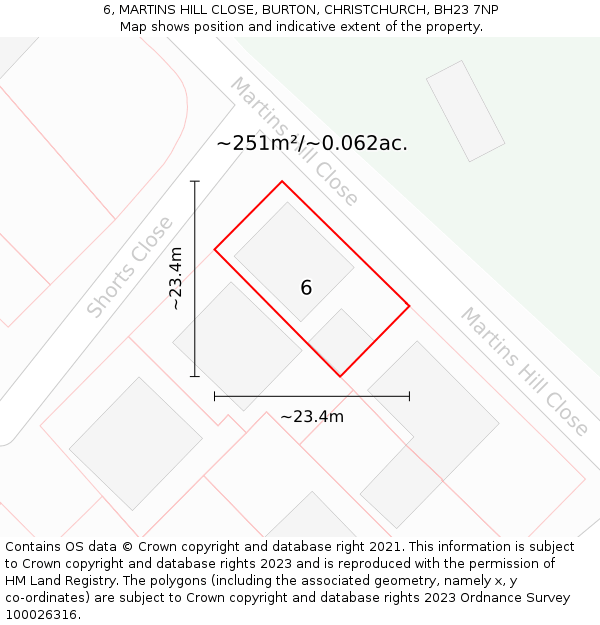 6, MARTINS HILL CLOSE, BURTON, CHRISTCHURCH, BH23 7NP: Plot and title map