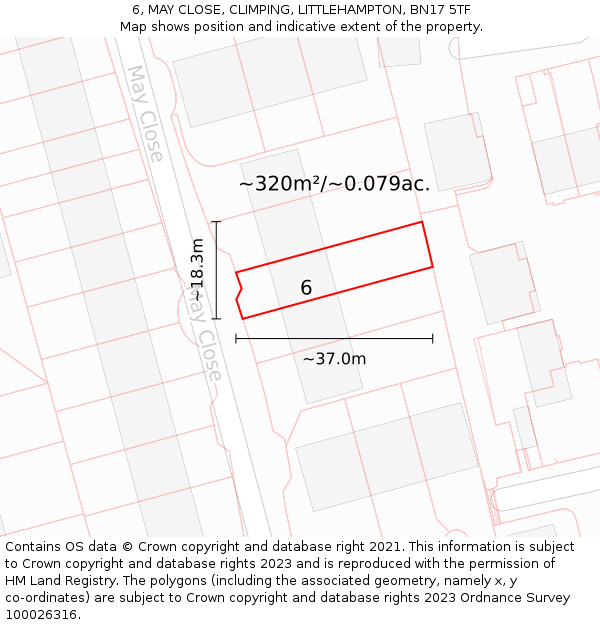 6, MAY CLOSE, CLIMPING, LITTLEHAMPTON, BN17 5TF: Plot and title map