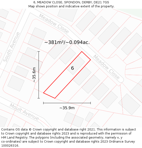 6, MEADOW CLOSE, SPONDON, DERBY, DE21 7GS: Plot and title map