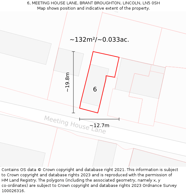 6, MEETING HOUSE LANE, BRANT BROUGHTON, LINCOLN, LN5 0SH: Plot and title map