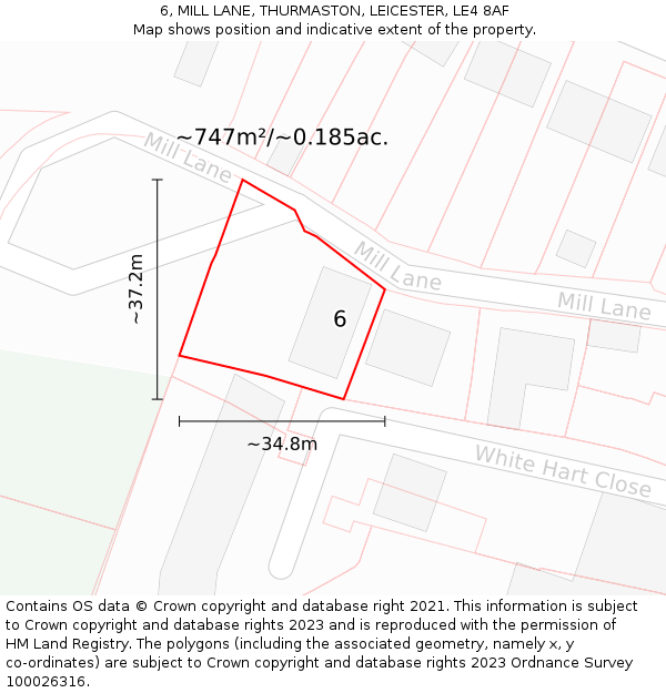 6, MILL LANE, THURMASTON, LEICESTER, LE4 8AF: Plot and title map