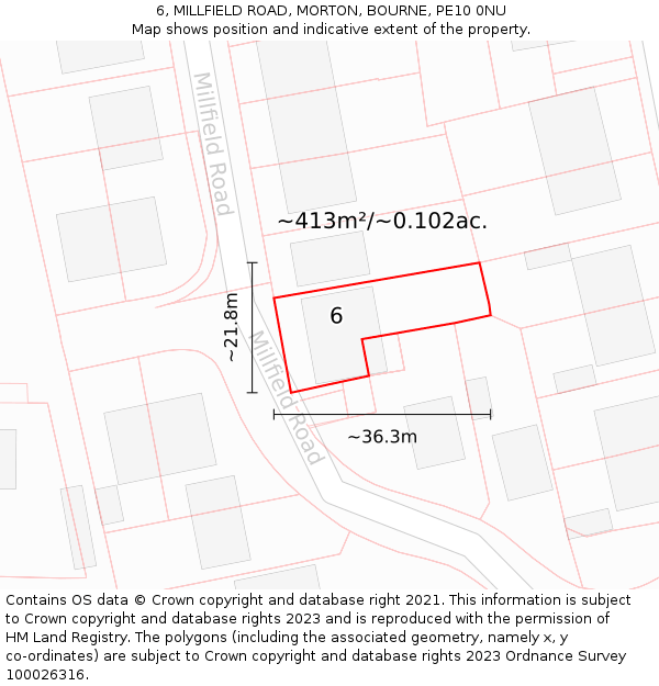 6, MILLFIELD ROAD, MORTON, BOURNE, PE10 0NU: Plot and title map