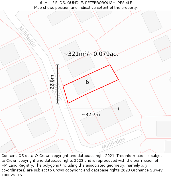 6, MILLFIELDS, OUNDLE, PETERBOROUGH, PE8 4LF: Plot and title map