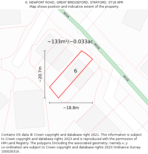 6, NEWPORT ROAD, GREAT BRIDGEFORD, STAFFORD, ST18 9PR: Plot and title map