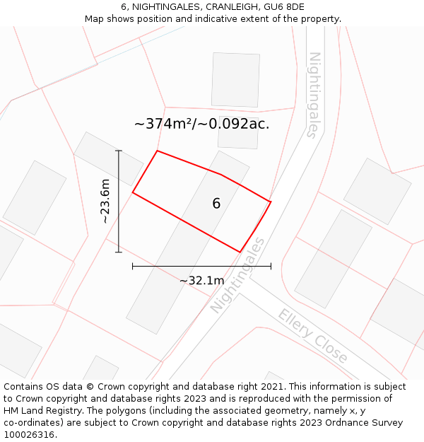 6, NIGHTINGALES, CRANLEIGH, GU6 8DE: Plot and title map