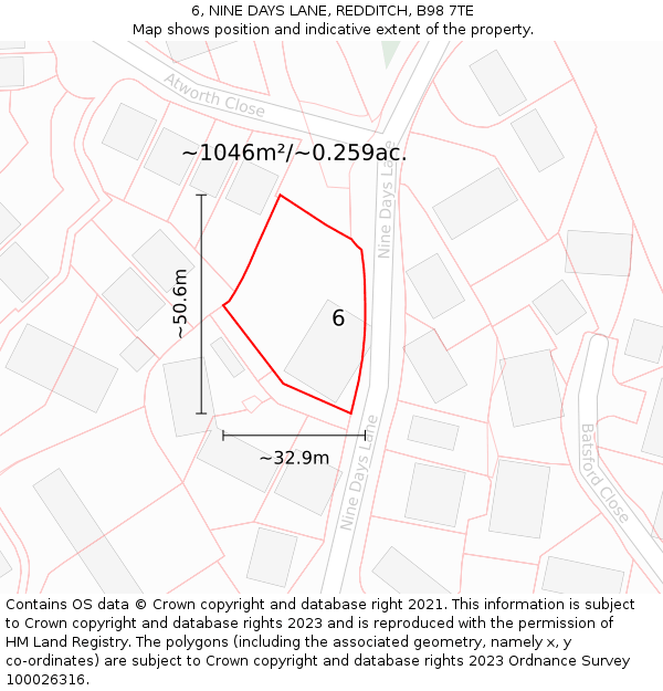 6, NINE DAYS LANE, REDDITCH, B98 7TE: Plot and title map