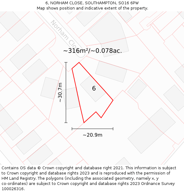 6, NORHAM CLOSE, SOUTHAMPTON, SO16 6PW: Plot and title map