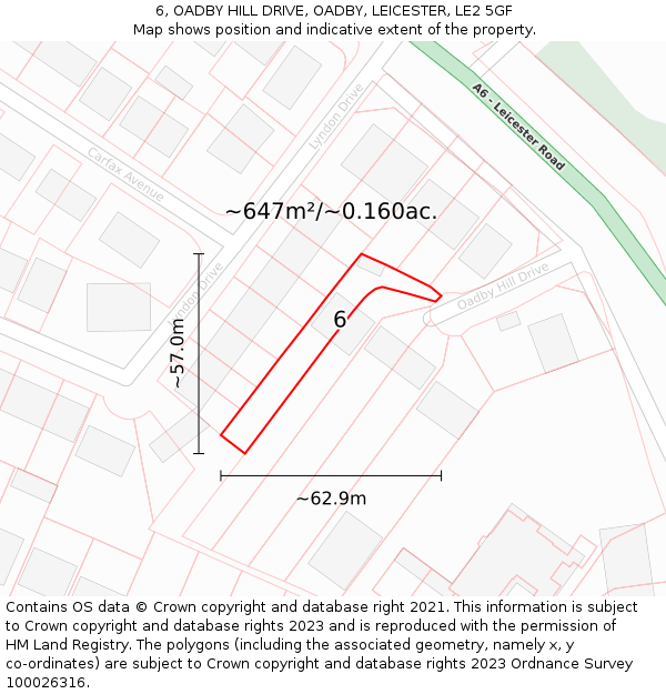 6, OADBY HILL DRIVE, OADBY, LEICESTER, LE2 5GF: Plot and title map