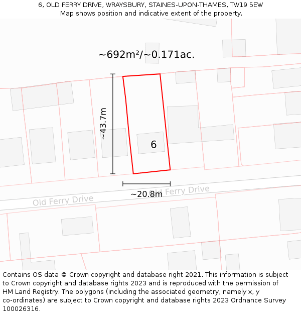 6, OLD FERRY DRIVE, WRAYSBURY, STAINES-UPON-THAMES, TW19 5EW: Plot and title map