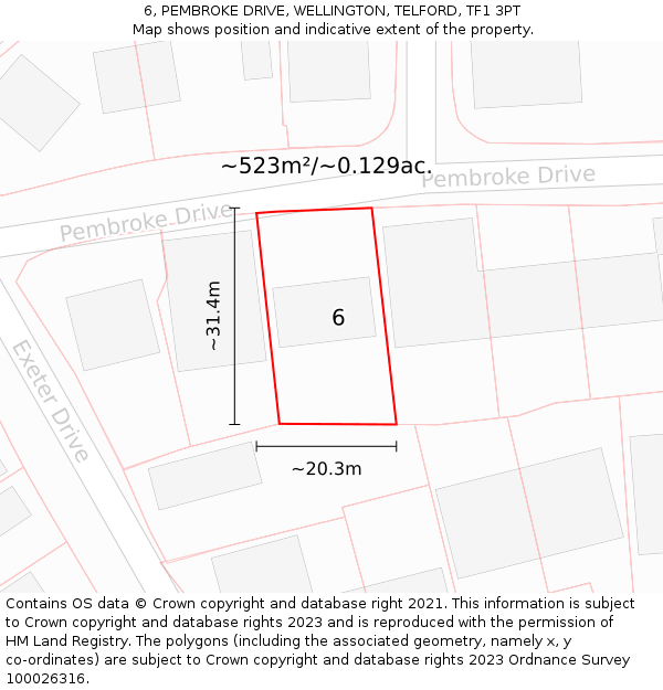 6, PEMBROKE DRIVE, WELLINGTON, TELFORD, TF1 3PT: Plot and title map