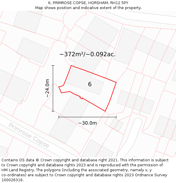 6, PRIMROSE COPSE, HORSHAM, RH12 5PY: Plot and title map