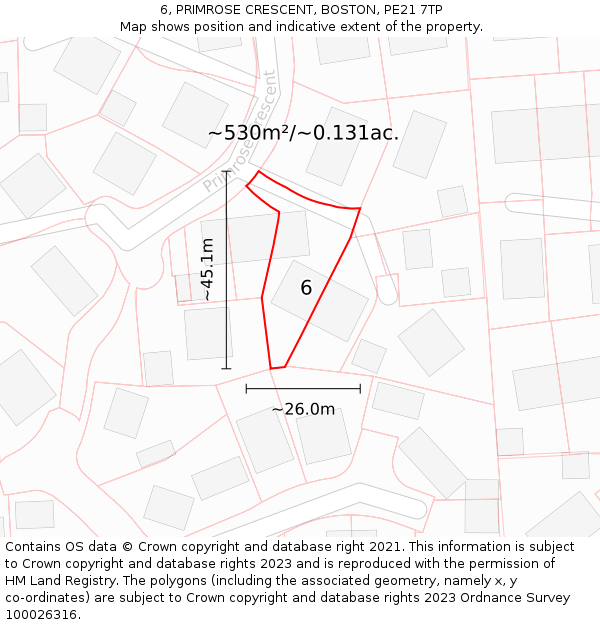 6, PRIMROSE CRESCENT, BOSTON, PE21 7TP: Plot and title map