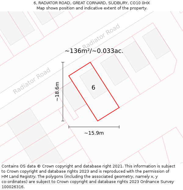 6, RADIATOR ROAD, GREAT CORNARD, SUDBURY, CO10 0HX: Plot and title map