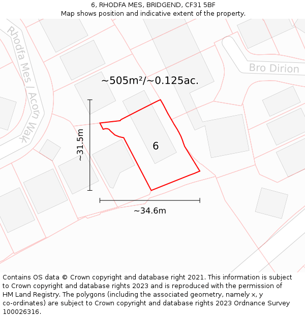 6, RHODFA MES, BRIDGEND, CF31 5BF: Plot and title map