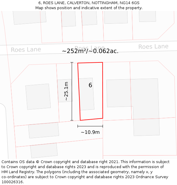 6, ROES LANE, CALVERTON, NOTTINGHAM, NG14 6GS: Plot and title map