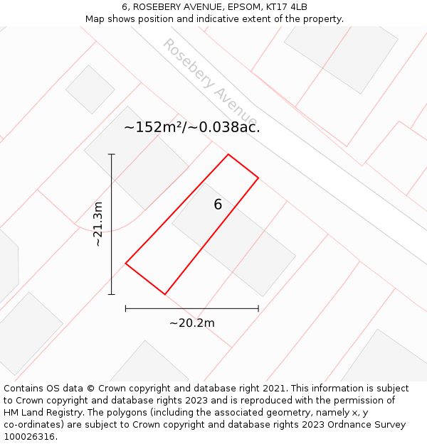 6, ROSEBERY AVENUE, EPSOM, KT17 4LB: Plot and title map