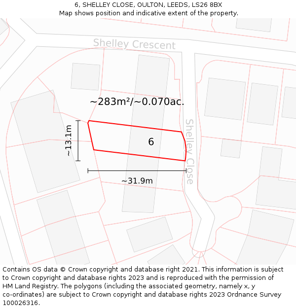 6, SHELLEY CLOSE, OULTON, LEEDS, LS26 8BX: Plot and title map