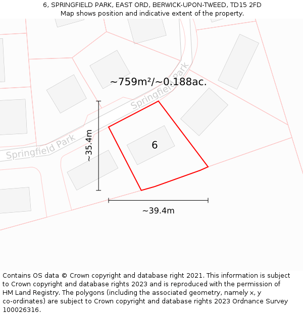 6, SPRINGFIELD PARK, EAST ORD, BERWICK-UPON-TWEED, TD15 2FD: Plot and title map