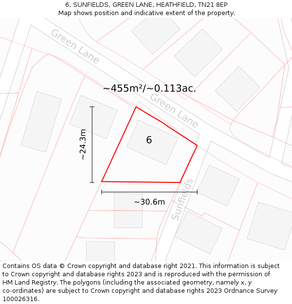 6, SUNFIELDS, GREEN LANE, HEATHFIELD, TN21 8EP: Plot and title map