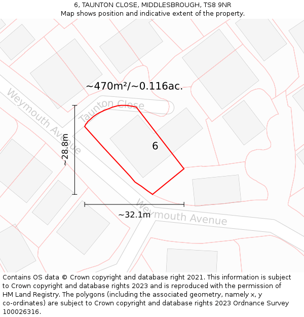 6, TAUNTON CLOSE, MIDDLESBROUGH, TS8 9NR: Plot and title map