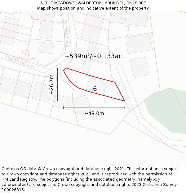 6, THE MEADOWS, WALBERTON, ARUNDEL, BN18 0PB: Plot and title map