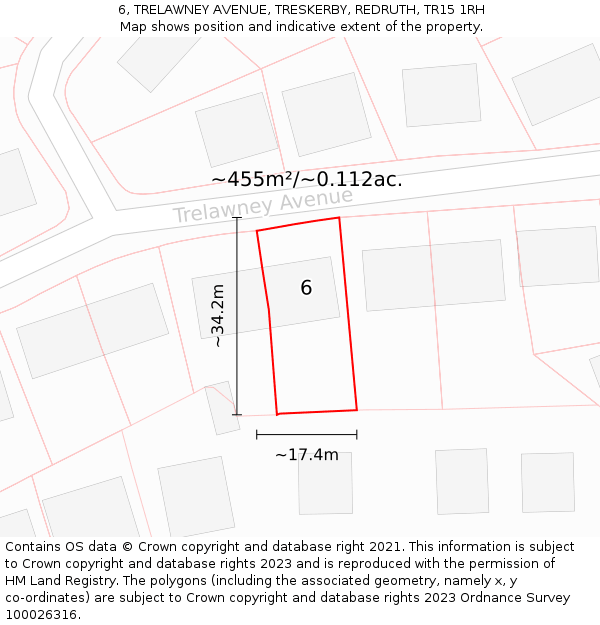 6, TRELAWNEY AVENUE, TRESKERBY, REDRUTH, TR15 1RH: Plot and title map