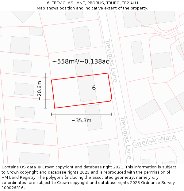 6, TREVIGLAS LANE, PROBUS, TRURO, TR2 4LH: Plot and title map