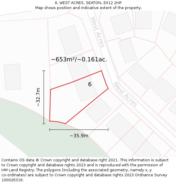 6, WEST ACRES, SEATON, EX12 2HP: Plot and title map