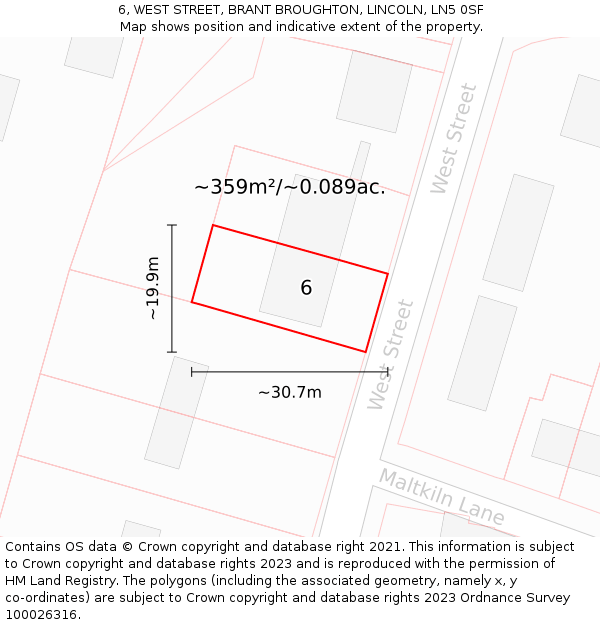 6, WEST STREET, BRANT BROUGHTON, LINCOLN, LN5 0SF: Plot and title map