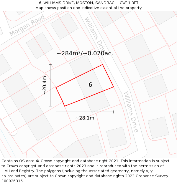 6, WILLIAMS DRIVE, MOSTON, SANDBACH, CW11 3ET: Plot and title map