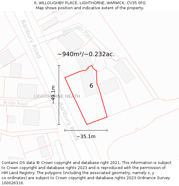 6, WILLOUGHBY PLACE, LIGHTHORNE, WARWICK, CV35 0FG: Plot and title map