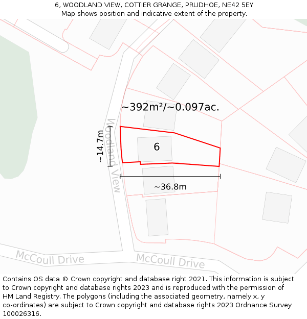 6, WOODLAND VIEW, COTTIER GRANGE, PRUDHOE, NE42 5EY: Plot and title map