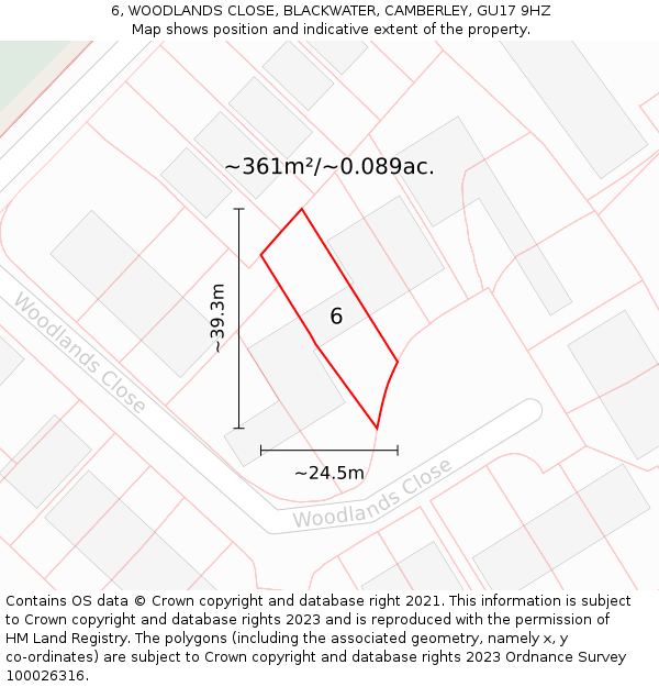 6, WOODLANDS CLOSE, BLACKWATER, CAMBERLEY, GU17 9HZ: Plot and title map