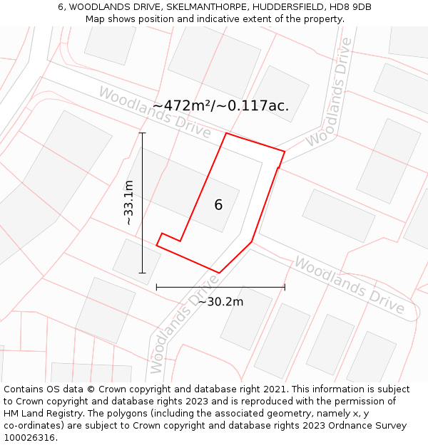 6, WOODLANDS DRIVE, SKELMANTHORPE, HUDDERSFIELD, HD8 9DB: Plot and title map