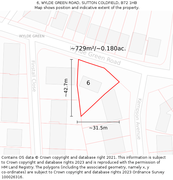 6, WYLDE GREEN ROAD, SUTTON COLDFIELD, B72 1HB: Plot and title map