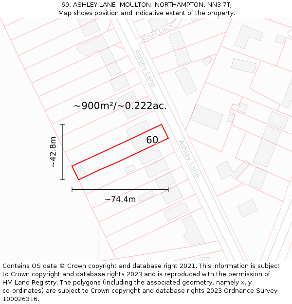 60, ASHLEY LANE, MOULTON, NORTHAMPTON, NN3 7TJ: Plot and title map