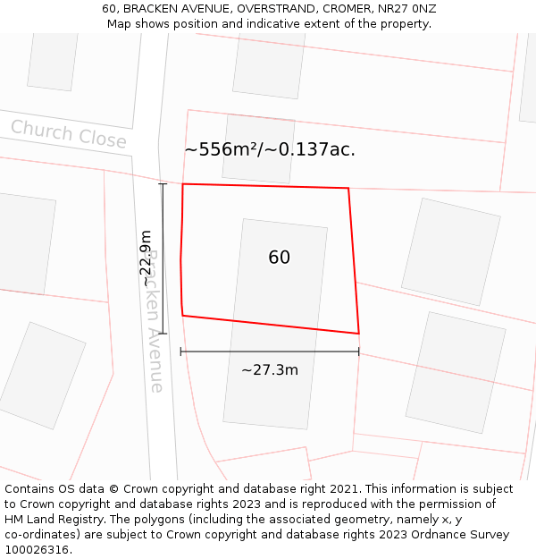 60, BRACKEN AVENUE, OVERSTRAND, CROMER, NR27 0NZ: Plot and title map