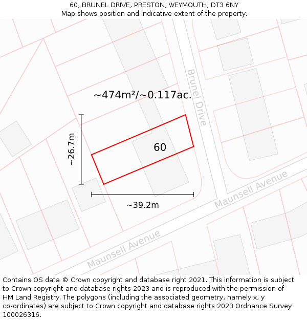 60, BRUNEL DRIVE, PRESTON, WEYMOUTH, DT3 6NY: Plot and title map