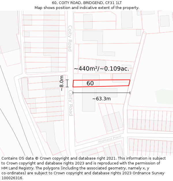 60, COITY ROAD, BRIDGEND, CF31 1LT: Plot and title map