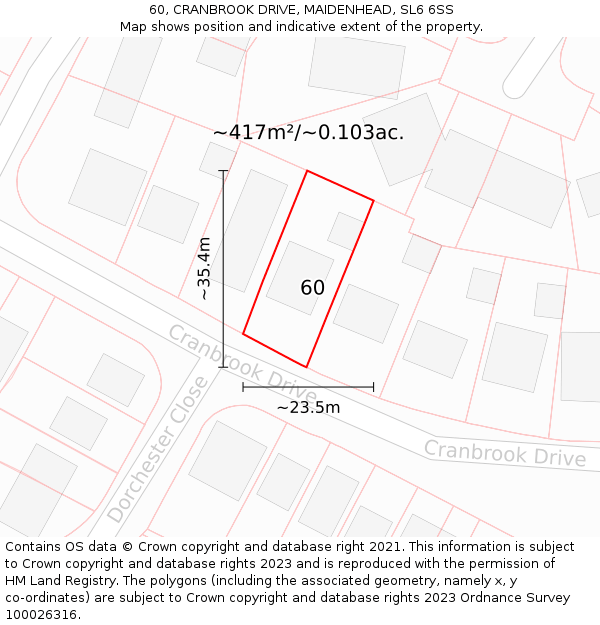 60, CRANBROOK DRIVE, MAIDENHEAD, SL6 6SS: Plot and title map