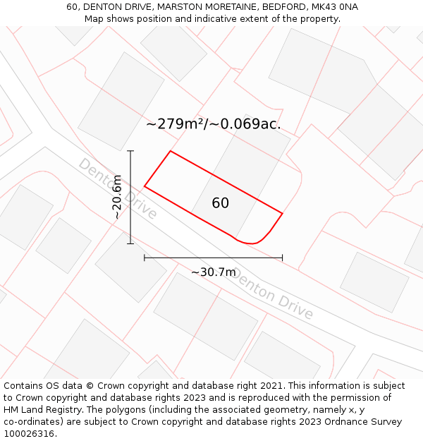 60, DENTON DRIVE, MARSTON MORETAINE, BEDFORD, MK43 0NA: Plot and title map