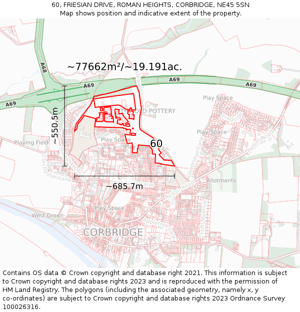 60, FRIESIAN DRIVE, ROMAN HEIGHTS, CORBRIDGE, NE45 5SN: Plot and title map