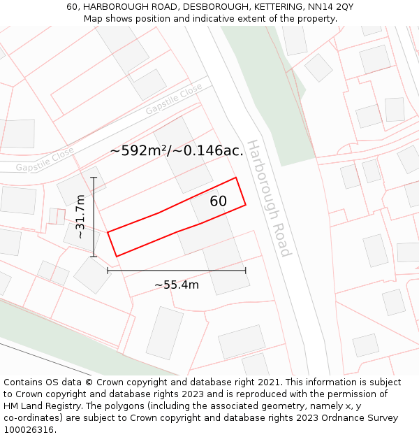 60, HARBOROUGH ROAD, DESBOROUGH, KETTERING, NN14 2QY: Plot and title map