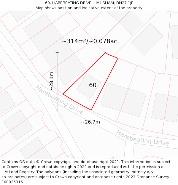 60, HAREBEATING DRIVE, HAILSHAM, BN27 1JE: Plot and title map