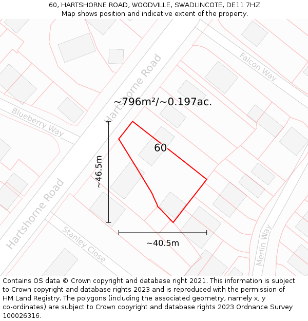 60, HARTSHORNE ROAD, WOODVILLE, SWADLINCOTE, DE11 7HZ: Plot and title map