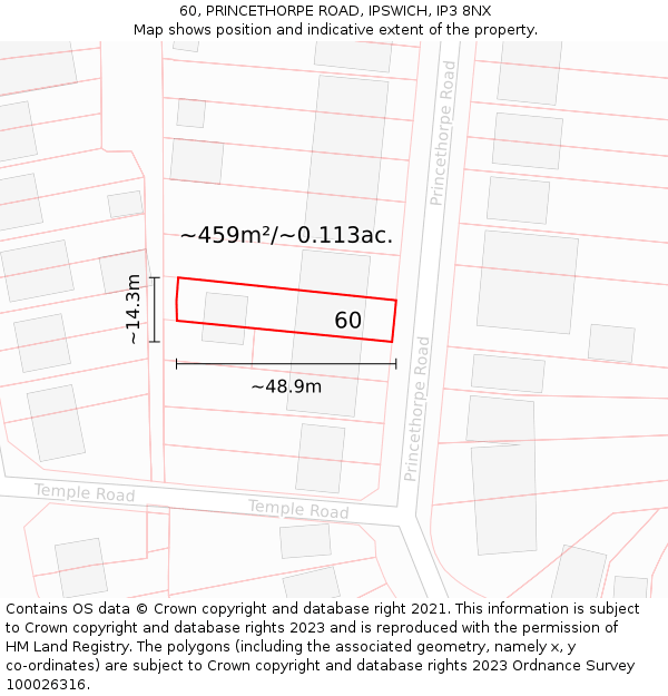 60, PRINCETHORPE ROAD, IPSWICH, IP3 8NX: Plot and title map