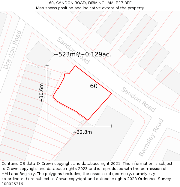 60, SANDON ROAD, BIRMINGHAM, B17 8EE: Plot and title map