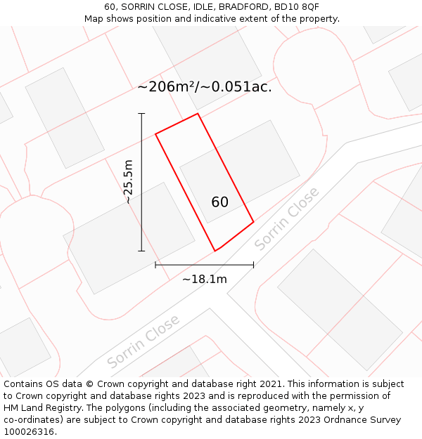 60, SORRIN CLOSE, IDLE, BRADFORD, BD10 8QF: Plot and title map